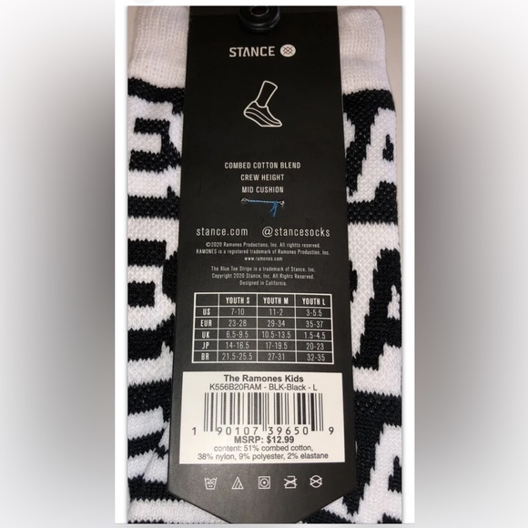 Stance Kids Ramones Crew Socks 1 Pair Youth L 3-5.5 White Black NY Punk Joey Bop - Picture 2 of 10
